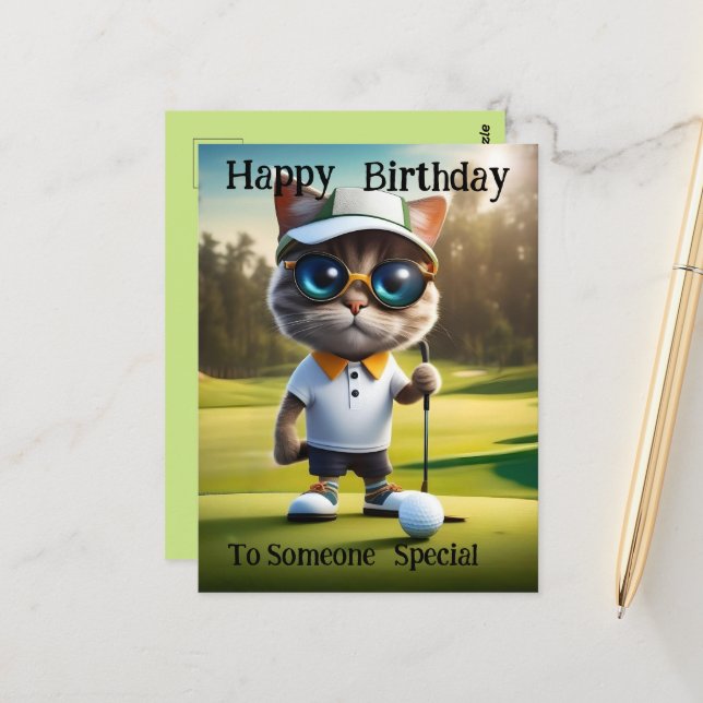 Carte Postale Golf Time : Drôle de chat golfeur, Anniversaire  (Devant/Arrière en situation)