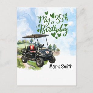 Carte Postale Golfeur 35e anniversaire avec voiturette de golf s