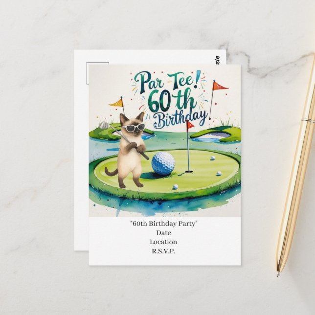 Carte Postale Golfeur 60e anniversaire avec balle de golf sur te (Devant/Arrière en situation)