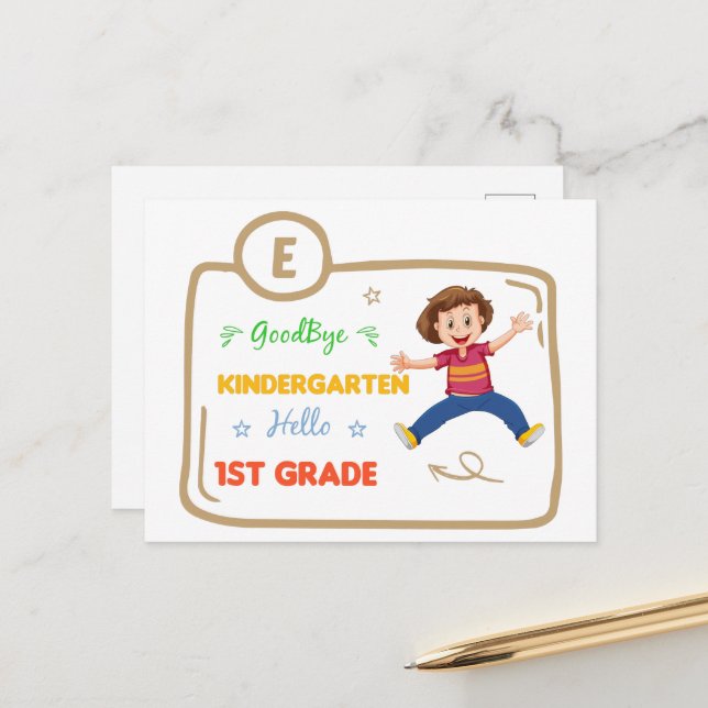 Carte Postale Goodbye Kindergarten Hello 1ère année (Devant/Arrière en situation)
