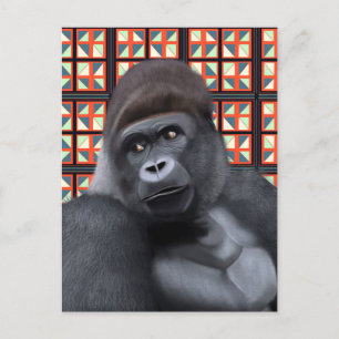 Carte Postale Gorille assise sur la faune géométrique rouge et b