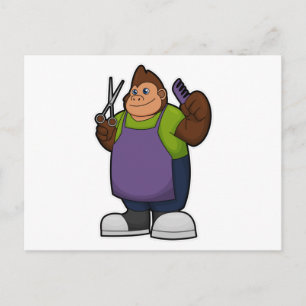 Carte Postale Gorille coiffeur avec ciseaux et peigne