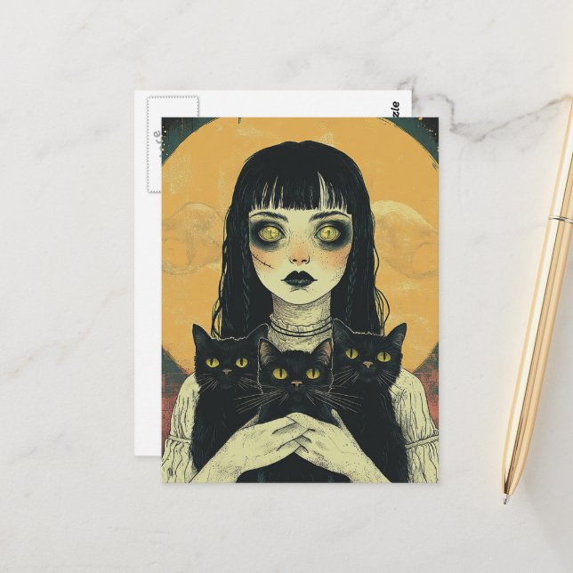 Carte Postale Goth Girl With Three Black Cats (Devant/Arrière en situation)