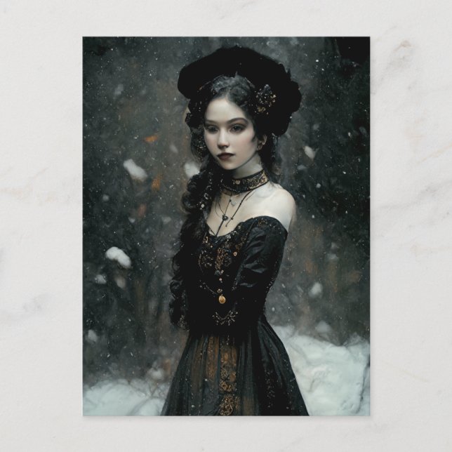 Carte Postale Gothic Girl en hiver. Snowing. (Devant)