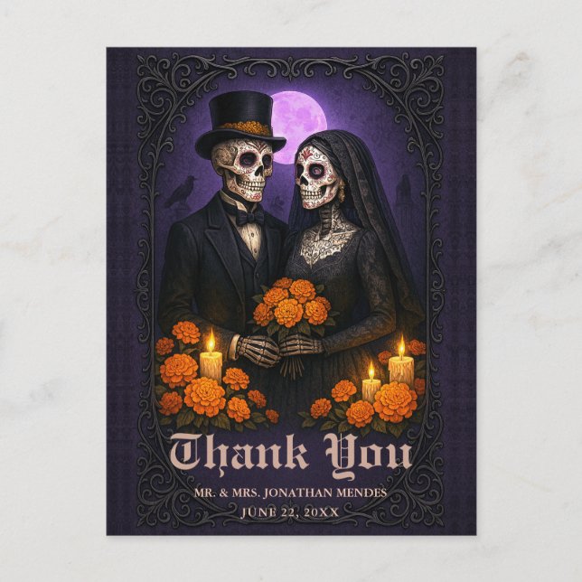 Carte Postale Gothic Sugar Skull Couple Wedding Thank You (Devant)