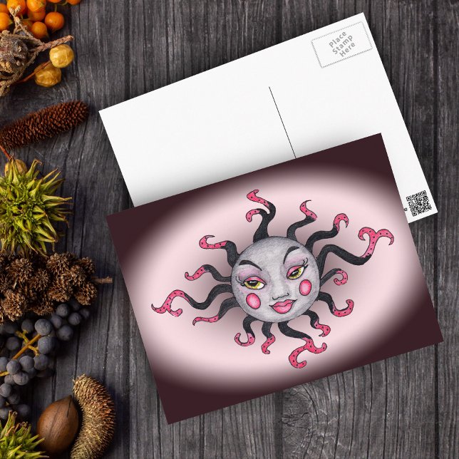 Carte postale Gothique Black Pink Sun Goddess (Fantasy pink gray sun with pretty face on pink fading to dark grey postcard.)