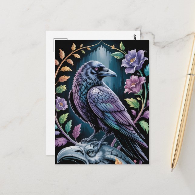 Carte Postale Gothique Corbeau Académie Sombre Mystique (Devant/Arrière en situation)