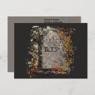 Carte Postale Gothique Vintage R.I.P. Headstone Et Feuilles Auto