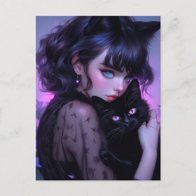 Carte Postale Gothique Whimsical Chat Dame (Devant)