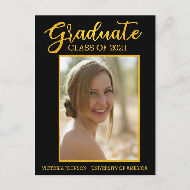 Carte Postale Graduate Gold Black Photo Classe de 2021 Graduatio (Devant)