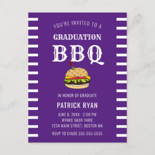 Carte Postale Graduation BBQ Party Purple White Stripe Invitatio