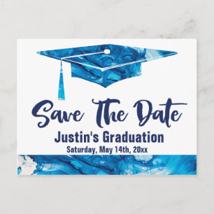 Carte Postale Graduation Enregistrer La Date Élégant Marbre Bleu