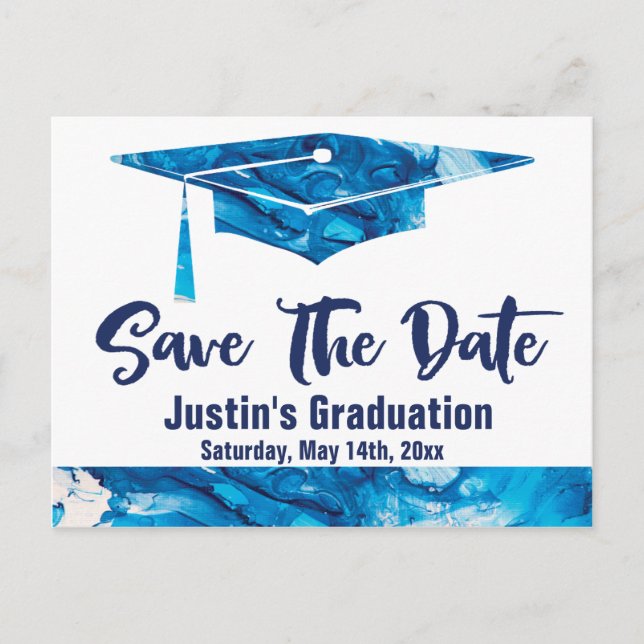 Carte Postale Graduation Enregistrer La Date Élégant Marbre Bleu (Devant)
