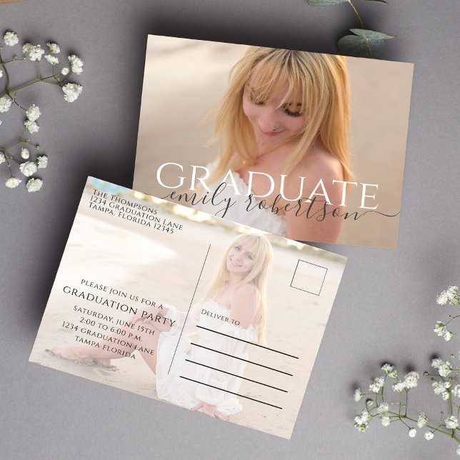 Carte Postale Graduation minimale Two Photo Simple Elegant (Simple graduation minimalist 2 photo postcard invitation template. )