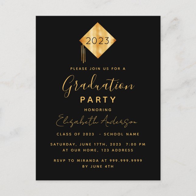 Carte Postale Graduation party sur l'invitation en or noir (Devant)