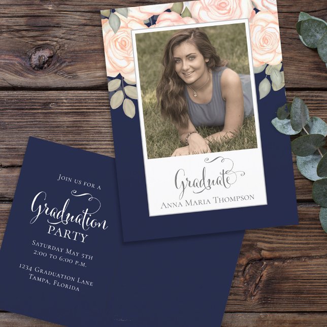 Carte Postale Graduation Photo Elégant Moderne Floral Marine Ble (Créateur téléchargé)