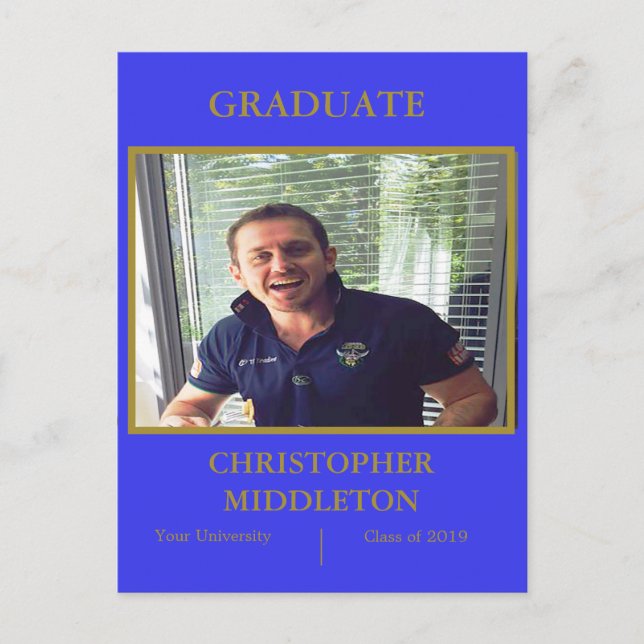 Carte Postale Graduation Photo moderne Gold Blue Party (Devant)