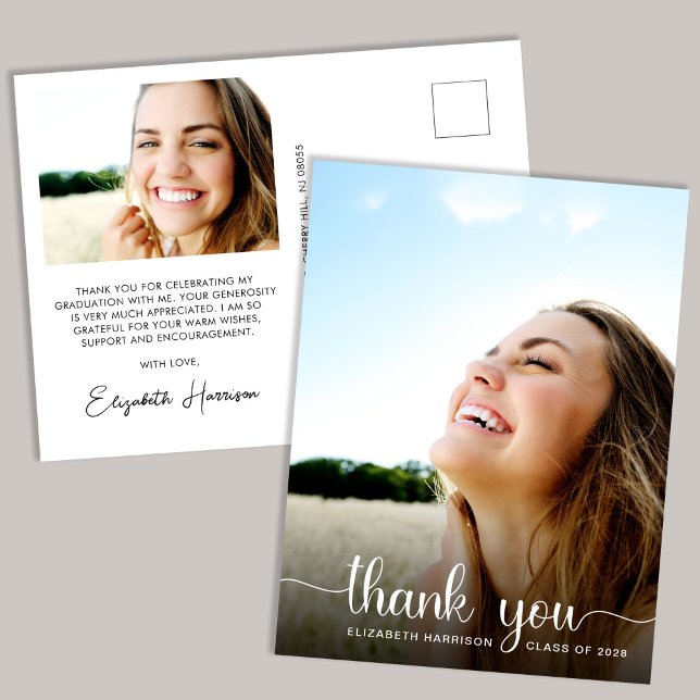 Carte Postale Graduation White Script photo superposition Merci (Créateur téléchargé)