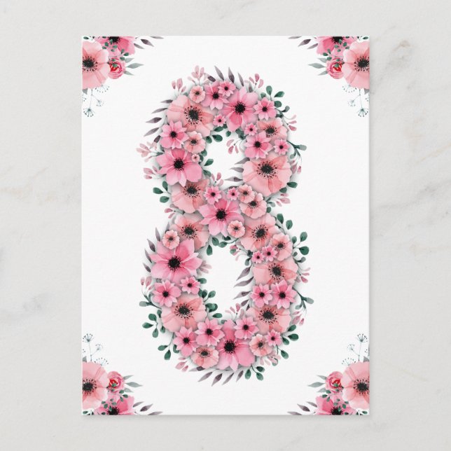 Carte Postale Grand 8e Anniversaire Fleurs Roses Fille Feuillage (Devant)