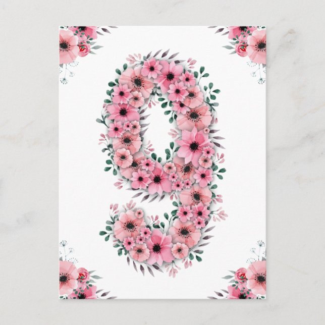 Carte Postale Grand 9e Anniversaire Fleurs Roses Fille Feuillage (Devant)