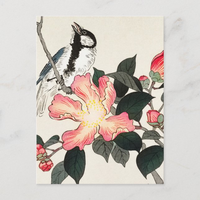 Carte Postale Grande Tit sur branche avec peinture de fleurs ros (Devant)