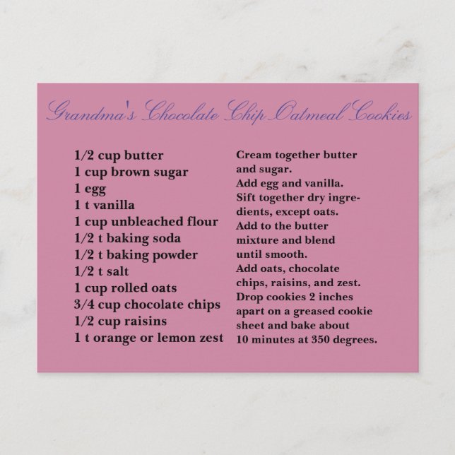 Carte Postale Grandma's Chocolate Chip Oatrepas Raisin Cookies (Devant)