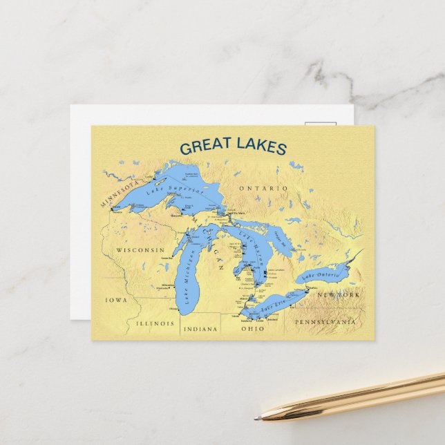 Carte Postale Grands Lacs d'Amérique du Nord (Devant/Arrière en situation)