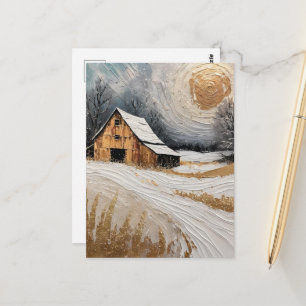 Carte Postale grange d'hiver avec détails dorés