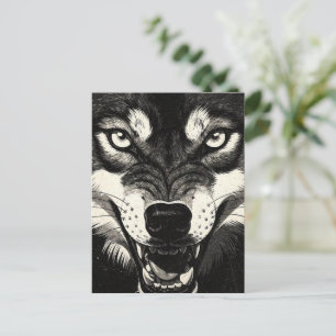 Carte Postale Graphisme Loup qui Grogne BW Style 50s