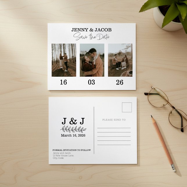 Carte Postale Gras Photo Collage dates Enregistrer la date (Bold Photo Collage dates Save the Date Postcard.)