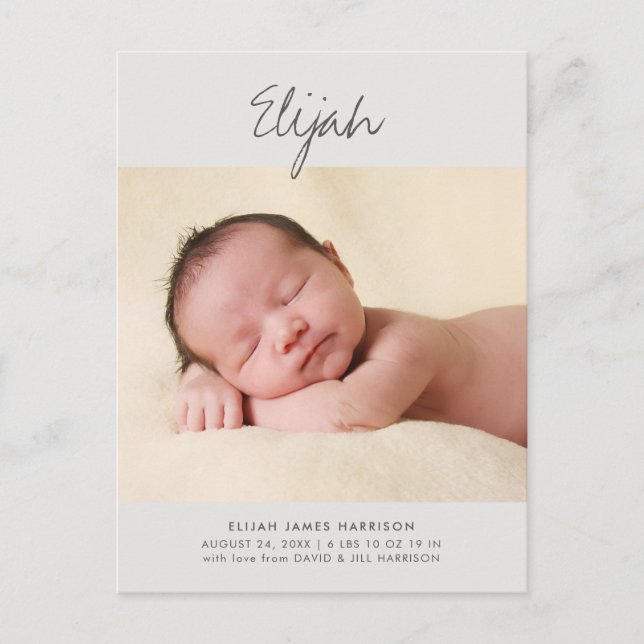 Carte Postale Gray Cute Nom du script 1-Photo Baby Faire-part (Devant)