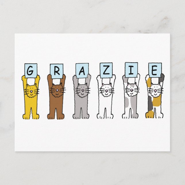 Carte Postale Grazie Merci en chats caricaturés italiens (Devant)