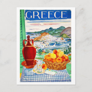 Carte Postale Grèce, fruits sur la table, vue paysage par la fen