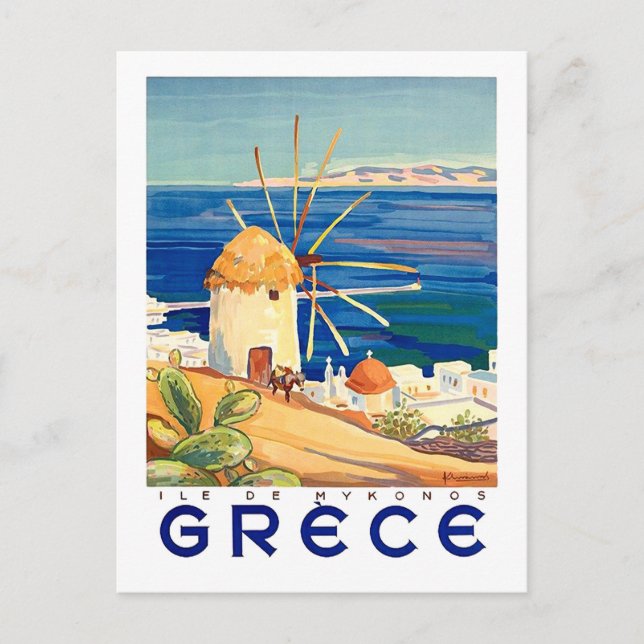 Carte Postale Grèce, île de Mykonos, moulin à vent en bord de me (Devant)