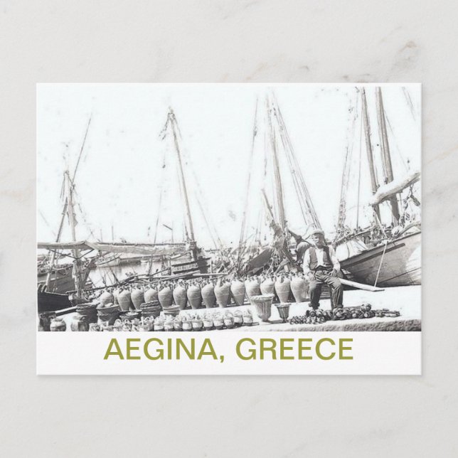CARTE POSTALE GRECQUE~HOMME, BATEAU ET VASQUES SUR (Devant)