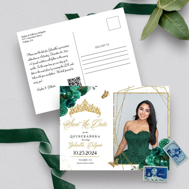 Carte postale Green & Gold Tiara Quinceañera Photo (Créateur téléchargé)