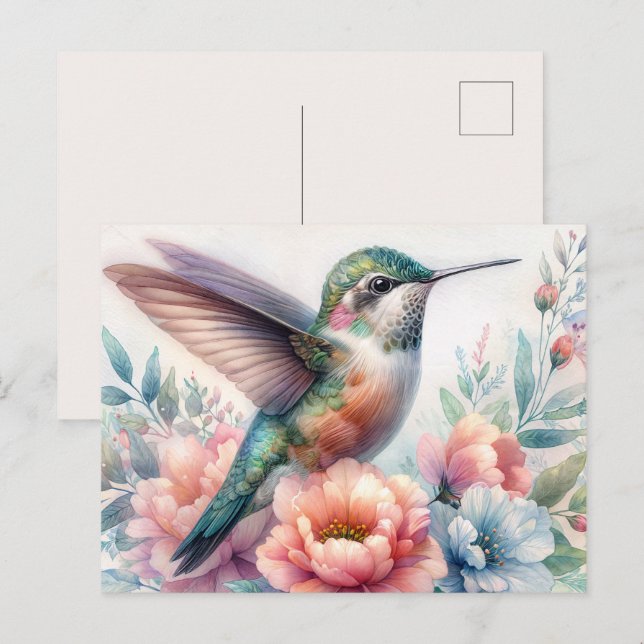 Carte Postale Green Hummingbird Floral Watercolor Postcard (Devant / Derrière)
