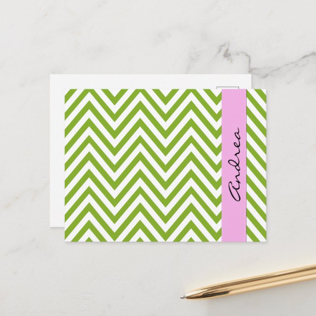 Carte Postale Green Zigzag, Green Chevron, Votre Nom (Devant/Arrière en situation)