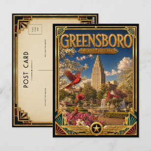 Carte Postale Greensboro Caroline du Nord Art Déco Doré Vintage