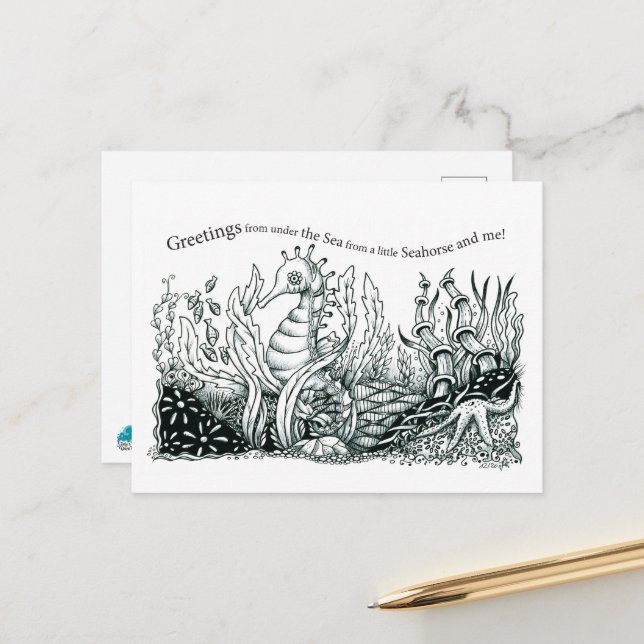 Carte Postale Greetings from a little seahorse (Devant/Arrière en situation)