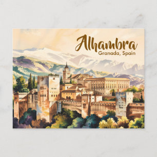 Carte Postale Grenade Espagne Alhambra Aquarelle Voyage Vintage