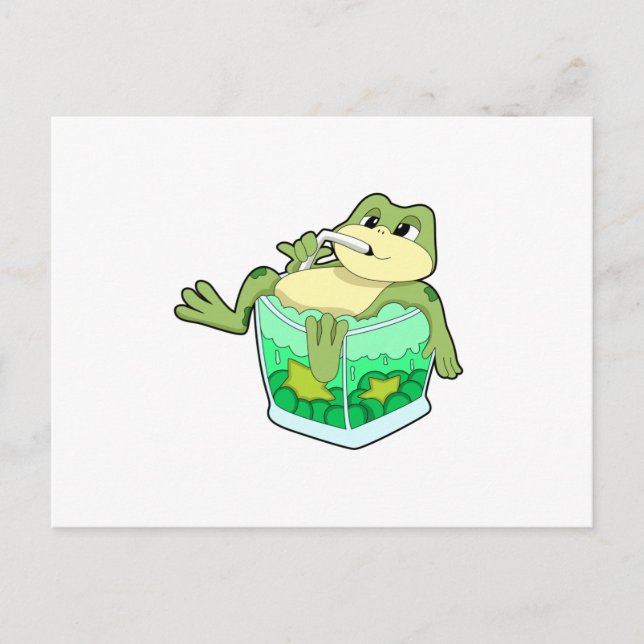 Carte Postale Grenouille avec verre de jus (Devant)