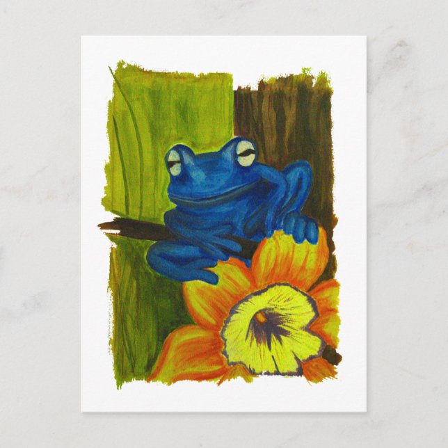 Carte Postale Grenouille bleue se relaxant sur la fleur et branc (Devant)