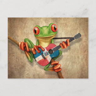 Carte Postale Grenouille Jouer Drapeau Dominicain Guitare
