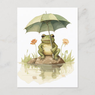 Carte Postale Grenouille mignonne avec un parapluie au lac