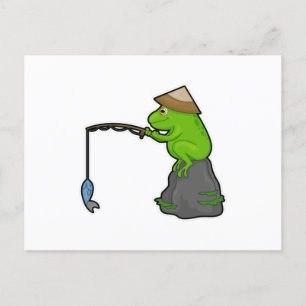 Carte Postale Grenouille sur pierre à la pêche avec bâtonnet de 
