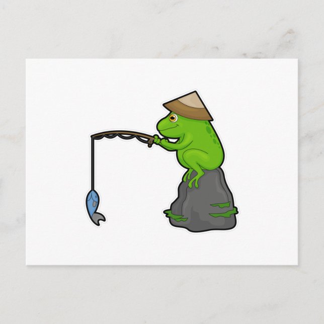 Carte Postale Grenouille sur pierre à la pêche avec bâtonnet de  (Devant)