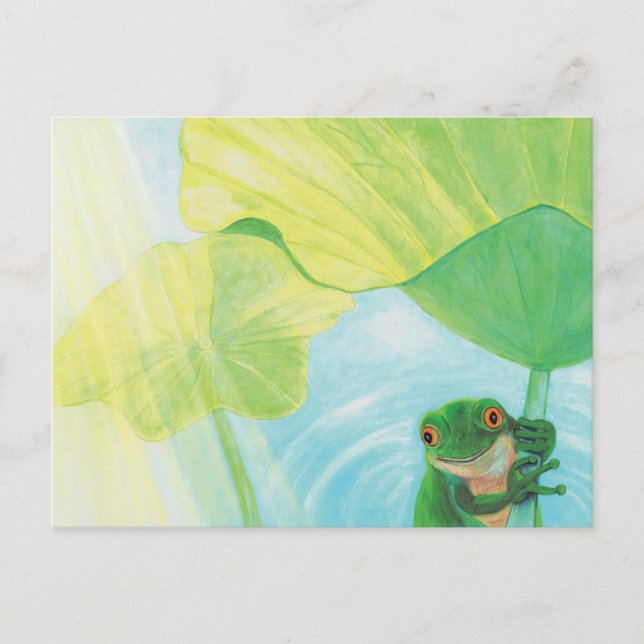 Carte Postale Grenouille verte drôle sous Lily Pad (Devant)