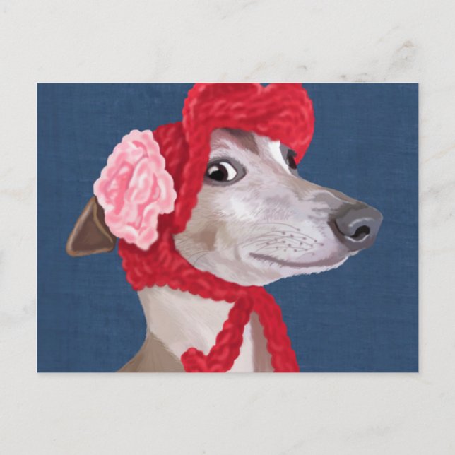 Carte Postale Greyhound avec Casquette en laine rouge (Devant)