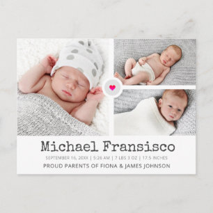 Carte Postale Grille photo Faire-part de naissance moderne Colla